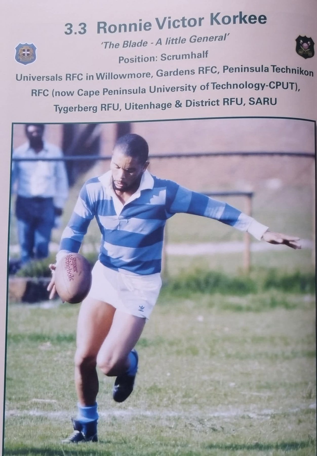 A profile card for Ronnie Korkee, scrumhalf, showing him mid-pass